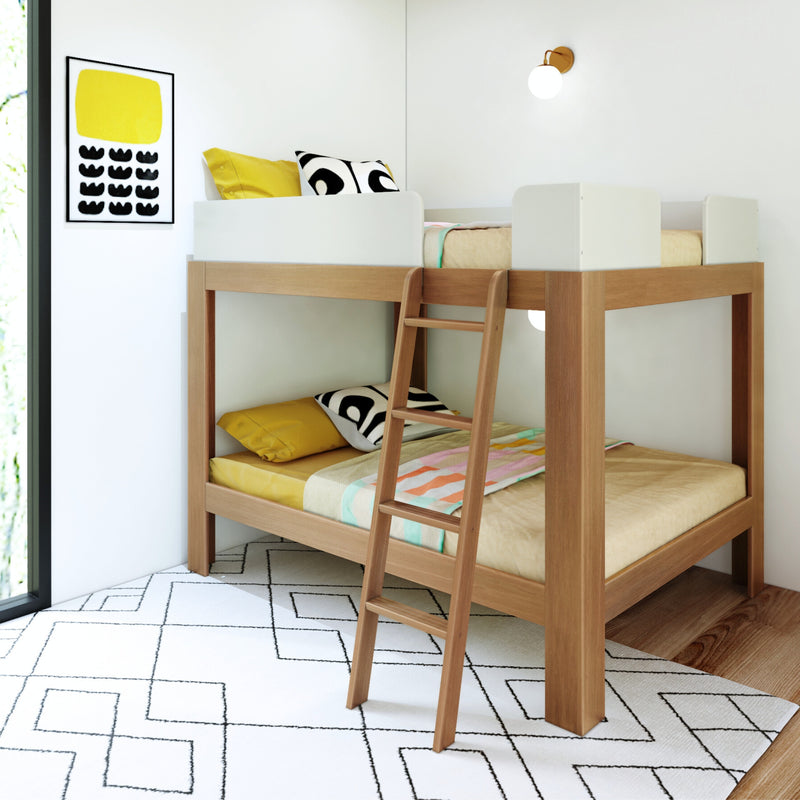 Modern wooden bunk bed with yellow and black pillows in a minimalist bedroom.