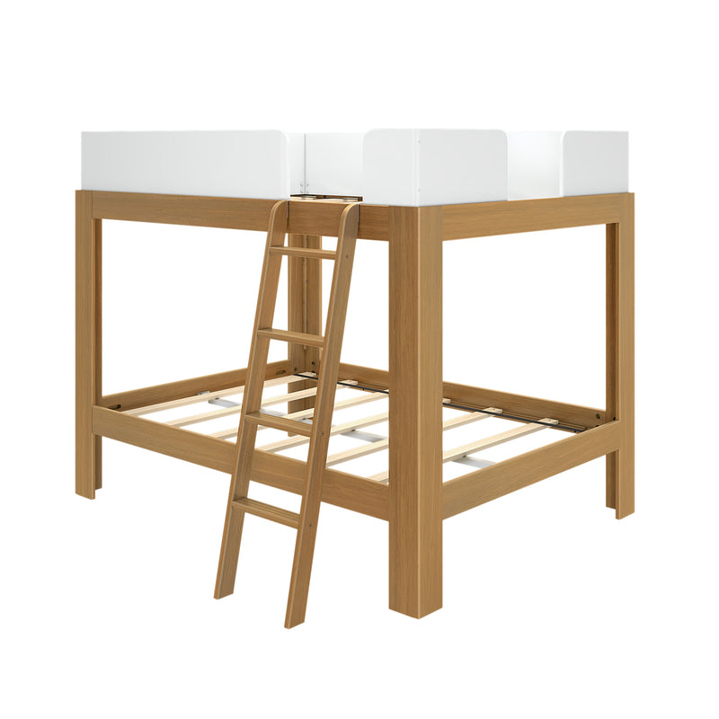 Wooden loft bed with white guardrails and ladder, perfect for maximizing bedroom space.