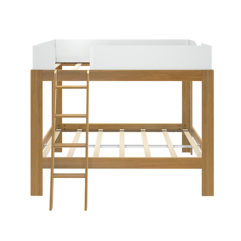 Modern wooden loft bed with white safety railings and ladder, perfect for optimizing bedroom space for storage or study.