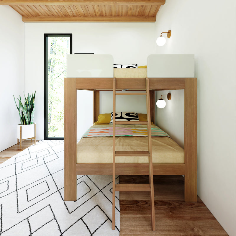 Modern wooden bunk bed in a minimalist bedroom with geometric decor and natural light.