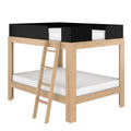 Natural wood loft bed with black guard rails and ladder, twin white mattress — modern space‑saving high sleeper for kids' bedroom