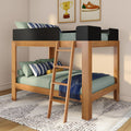 Loft-style wooden bunk bed with ladder, black guard rails, green bedding and blue-striped pillows in a modern kids' bedroom with framed wall art