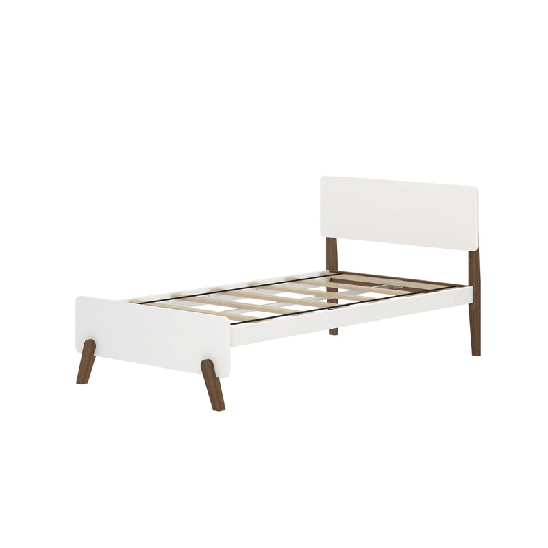 Mid-century modern twin bed frame with white headboard and brown legs, perfect for stylish bedroom decor.