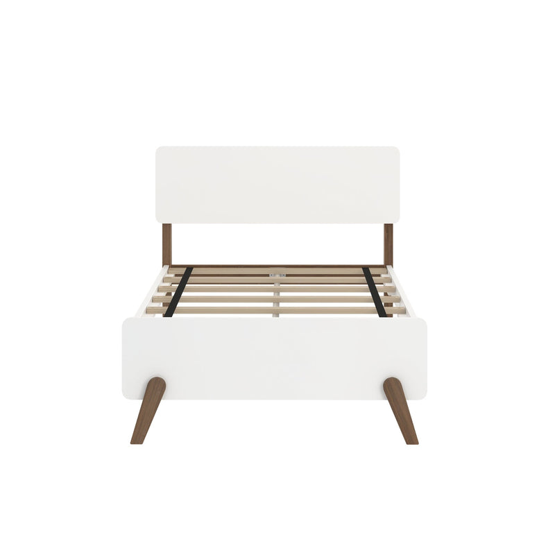 Mid-century modern white bed frame with walnut legs and slatted base.