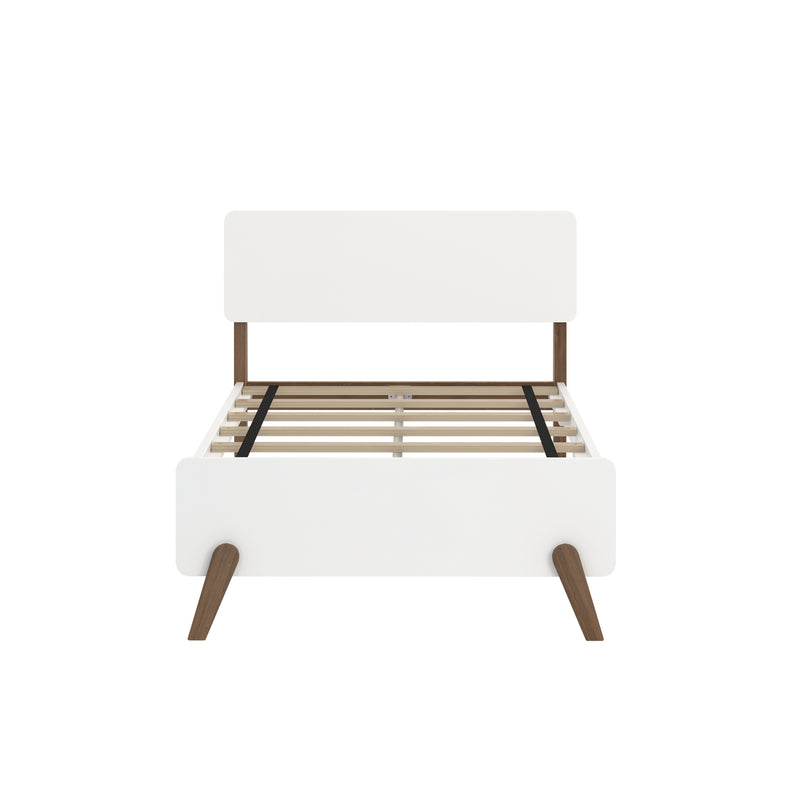 White mid-century modern platform bed frame with rounded headboard, tapered walnut legs and slatted wood mattress support
