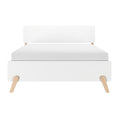 Minimalist white upholstered platform bed with rectangular headboard, clean-lined Scandinavian design and angled natural wood legs, modern bedroom furniture