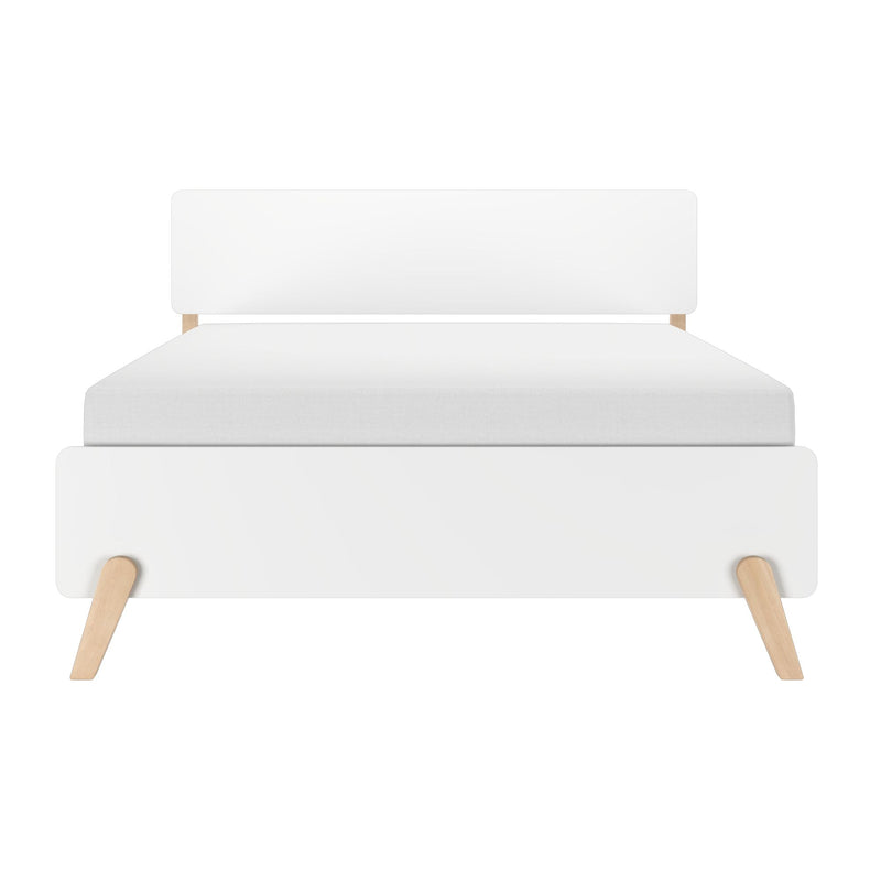 Minimalist white upholstered platform bed with rectangular headboard, clean-lined Scandinavian design and angled natural wood legs, modern bedroom furniture