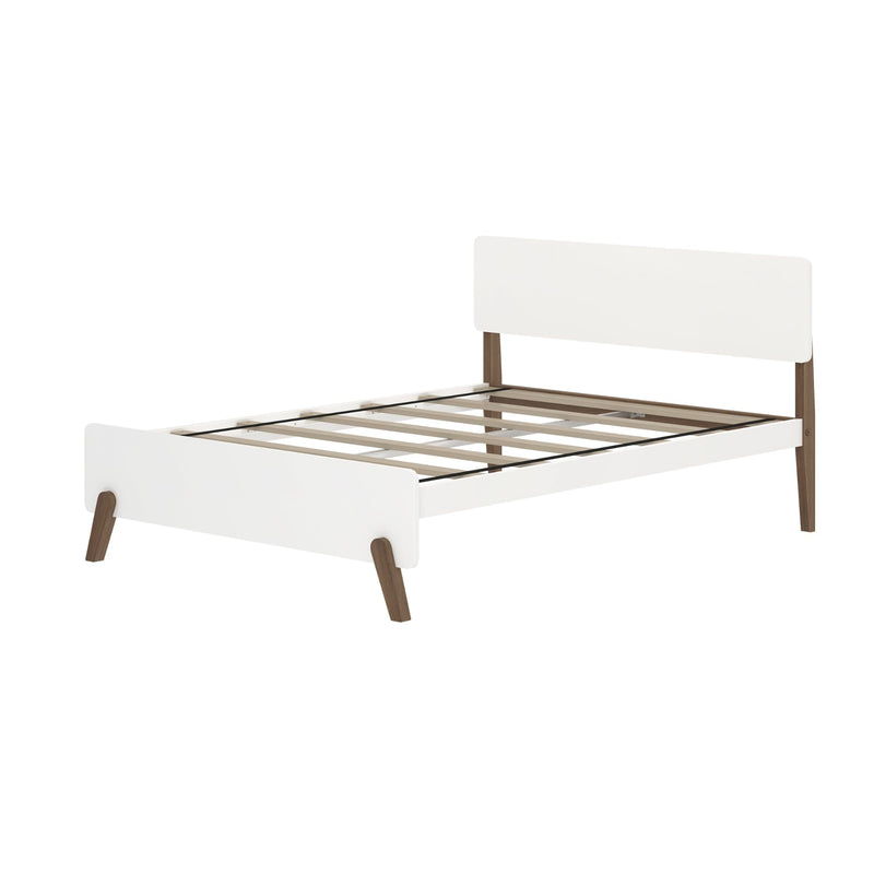 White and brown modern minimalist bed frame with slatted design and angled legs.