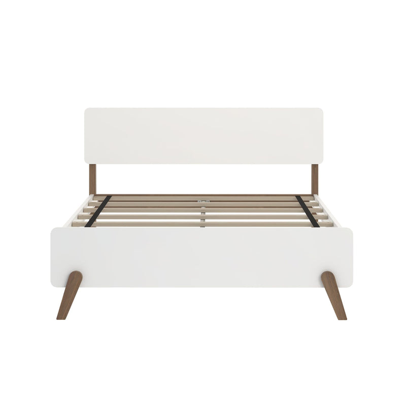 Mid-century modern white platform bed frame with wooden legs and slatted base.