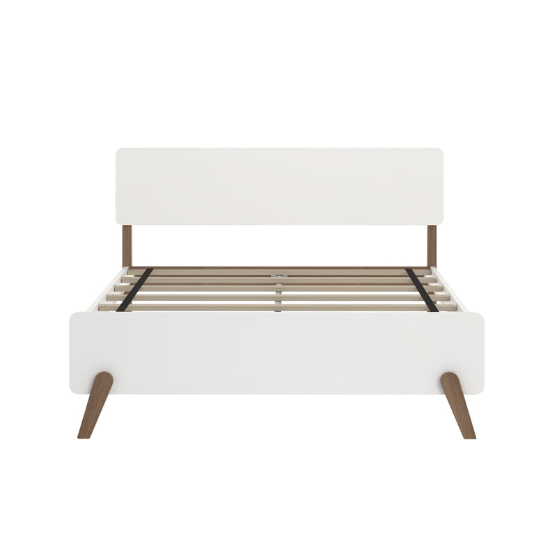 Mid-century modern white platform bed frame with rounded headboard panel, wooden tapered legs and slatted wood base with support straps