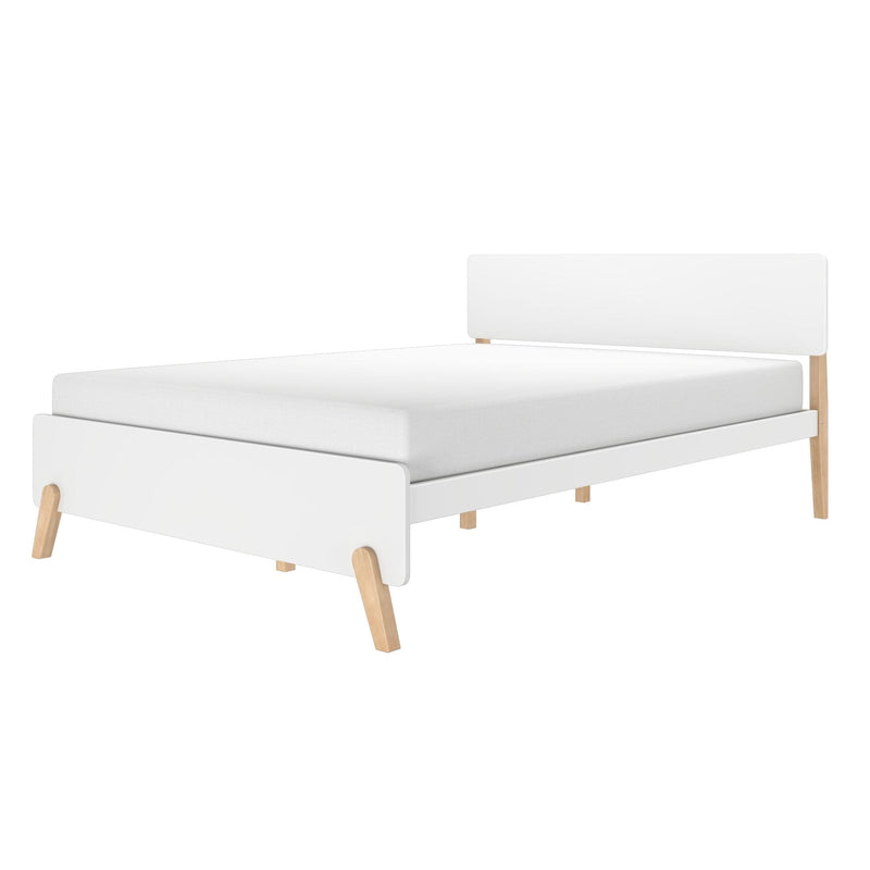 White minimalist platform bed frame with low-profile mattress, natural wood angled legs and rectangular headboard, Scandinavian modern design