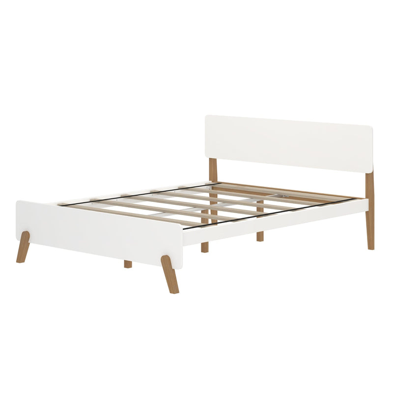 White mid-century modern platform bed frame with oak-finish angled legs, low headboard, wooden slatted mattress support and metal center rail