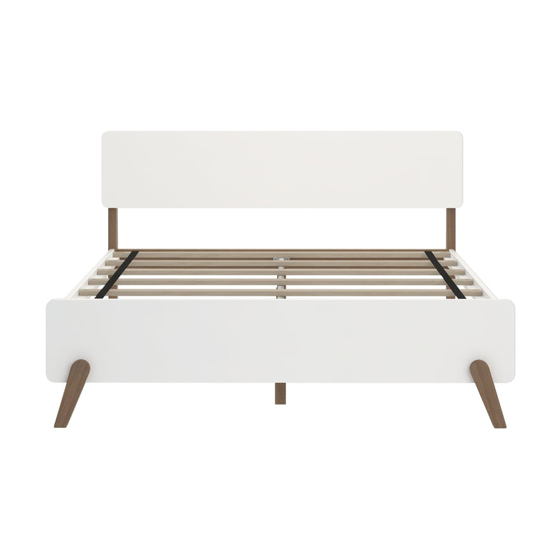 White mid-century modern wooden platform bed frame with slatted base, walnut angled legs and minimalist headboard, no mattress