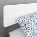 White minimalist headboard with walnut wood legs and blue leopard-print decorative pillow on white bedding, modern bedroom decor