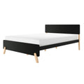 Modern black wooden platform bed with white mattress, Scandinavian minimalist design and angled light wood legs