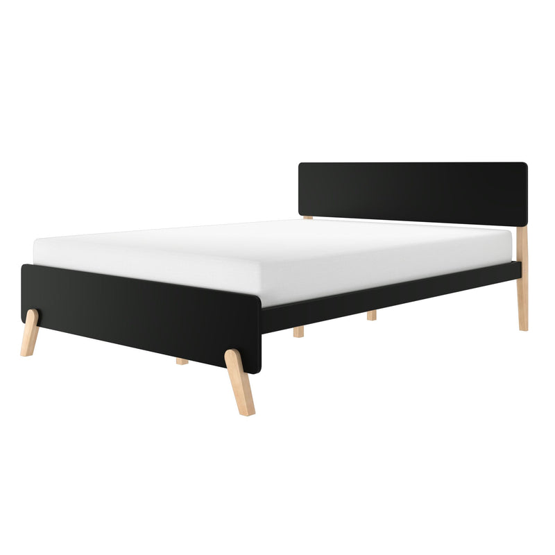 Modern black wooden platform bed with white mattress, Scandinavian minimalist design and angled light wood legs