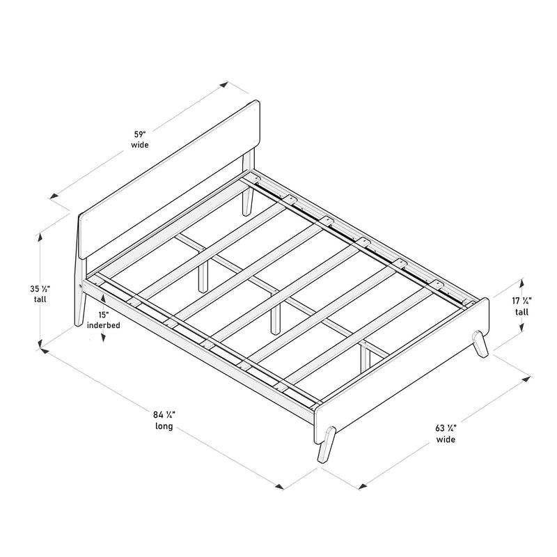 Line-drawing diagram of a wooden platform bed frame with slatted mattress support and headboard, labeled dimensions: 59" headboard width, 63¼" frame width, 84¼" length, 35½" headboard height, 15" underbed clearance, tapered mid-century legs.