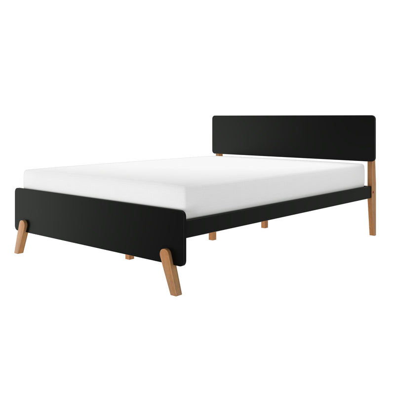 Modern black platform bed frame with white mattress and angled wooden legs, minimalist Scandinavian-style headboard and footboard