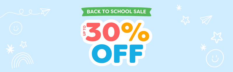 A promotional sale graphic with the text 'BACK TO SCHOOL SALE' in a green banner above large colorful text reading 'UP TO 30% OFF' on a light blue background with simple school-themed doodles.