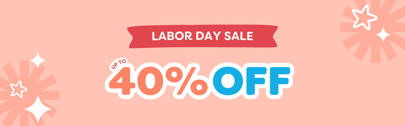 Promotional banner with a peach-pink background, a red ribbon reading 'LABOR DAY SALE,' and large text reading 'UP TO 40% OFF' in peach and blue with white outlines. Decorative starburst graphics appear in the corners.