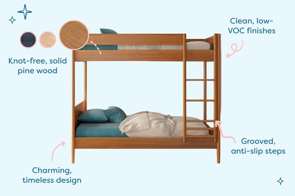 Solid pine wooden twin bunk bed with knot-free pine, clean low-VOC finishes, grooved anti-slip ladder steps and timeless charming design for kids' bedrooms.