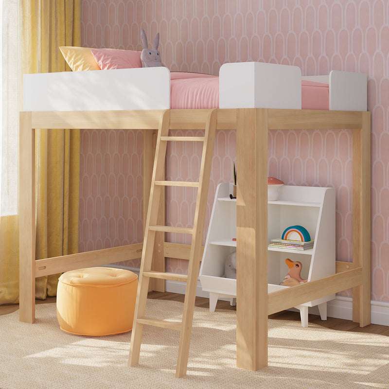 Wooden kids loft bed with ladder, pink bedding, patterned pink wallpaper, yellow curtains and toy storage shelf in a modern children's bedroom