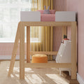Children's modern wooden loft bed with pink bedding and stuffed bunny, yellow curtains, ladder and pastel nursery decor