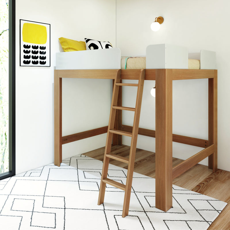 Modern wooden loft bed with ladder in minimalist children's bedroom, white guardrails, yellow accent pillows and geometric rug