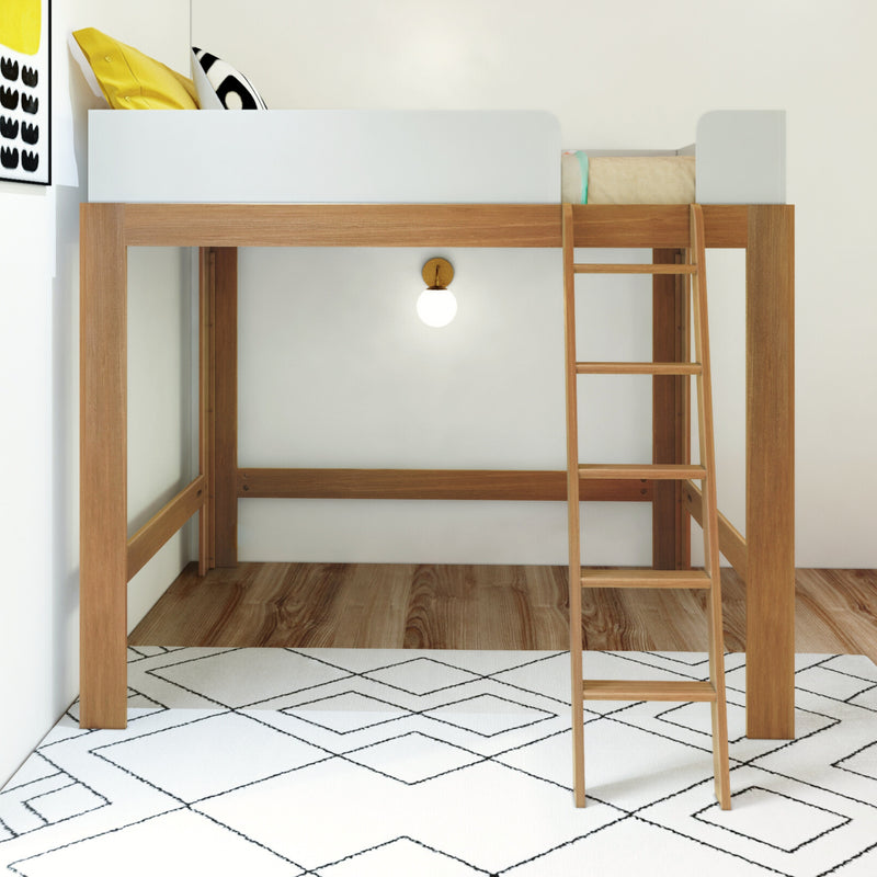Loft bed with wooden frame and ladder for modern bedroom design.
