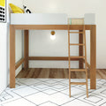 Solid wood loft bed with ladder and white guardrail in a modern Scandinavian kids' bedroom, space-saving design over a geometric rug with wall sconce