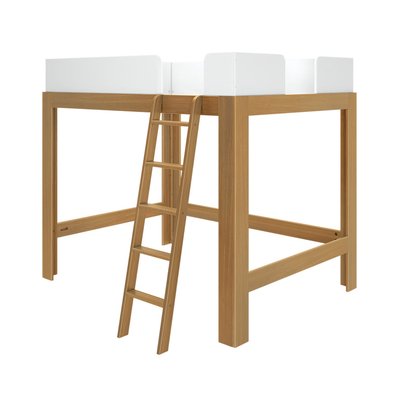 Wooden loft bed frame with ladder and white guardrails for space-saving bedroom design.