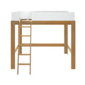 Natural wood loft bed frame with ladder and white guardrails, modern space-saving elevated bed for bedroom or studio.