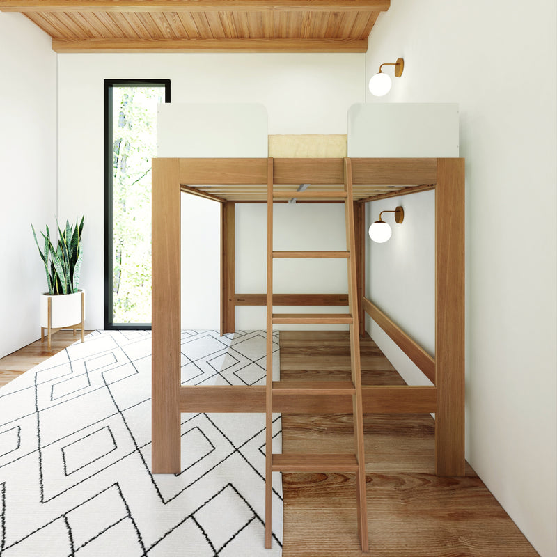 Loft bed with wooden frame and ladder in modern minimalist bedroom with geometric patterned rug and houseplant.