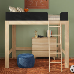 Natural wood twin loft bed with ladder and black guardrail in kids' bedroom, wooden dresser, blue pouf, orange rug, soccer ball and trophy — kids room decor