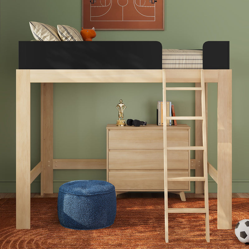 Natural wood twin loft bed with ladder and black guardrail in kids' bedroom, wooden dresser, blue pouf, orange rug, soccer ball and trophy — kids room decor