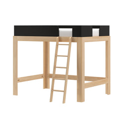 Natural light-wood loft bed with ladder, black safety guard rails and mattress, modern space-saving high bed frame