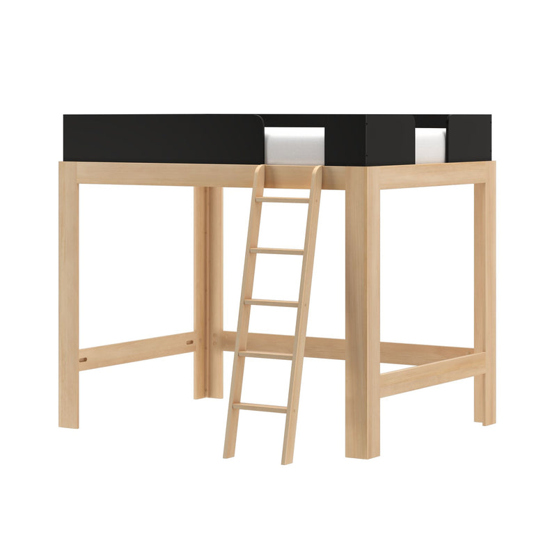 Natural light-wood loft bed with ladder, black safety guard rails and mattress, modern space-saving high bed frame