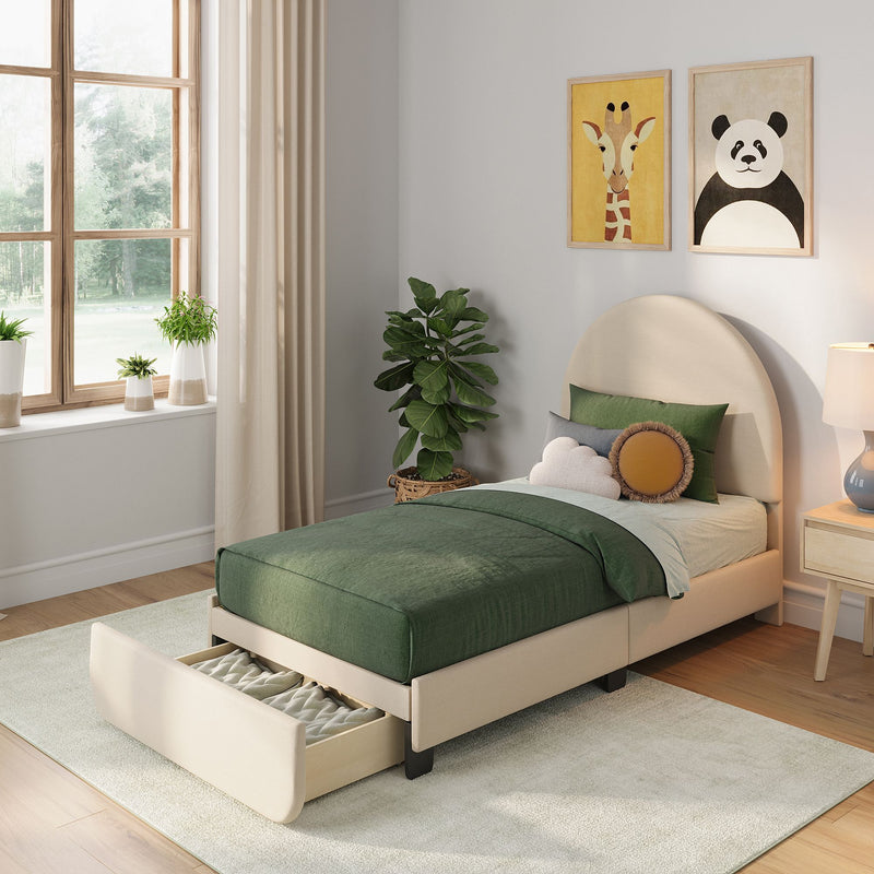 Modern kids bedroom with green bedding, upholstered storage bed with drawer, decorative pillows, indoor plants and giraffe and panda wall art