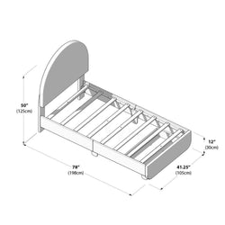 Twin bed frame with rounded headboard and slatted base, dimensions 78 in L × 41.25 in W × 50 in H; 12 in footboard height (198 × 105 × 125 cm; 30 cm)
