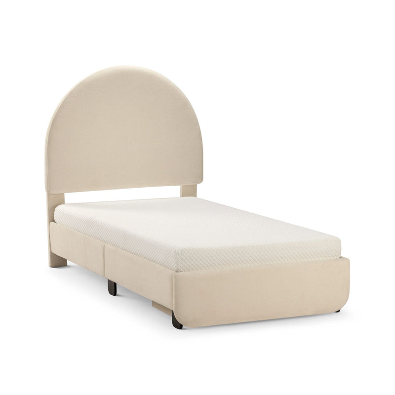 Beige upholstered twin platform bed with rounded arch headboard and textured white mattress, modern minimalist bedroom furniture