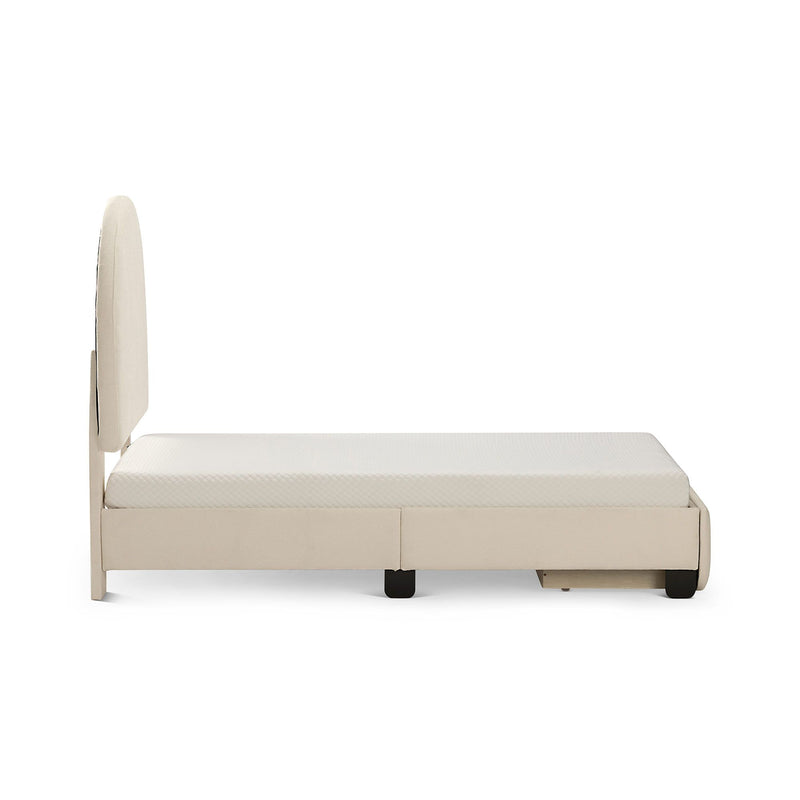 Side view of beige upholstered platform storage bed with padded headboard and white mattress, modern minimalist bedroom furniture