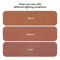 Fabric color comparison showing textured rust-colored swatches labeled Warm, Neutral, and Cool to illustrate how fabric color can vary under different lighting conditions