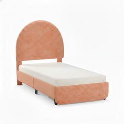 Peach upholstered twin platform bed with rounded arch headboard and white mattress, modern velvet-style design