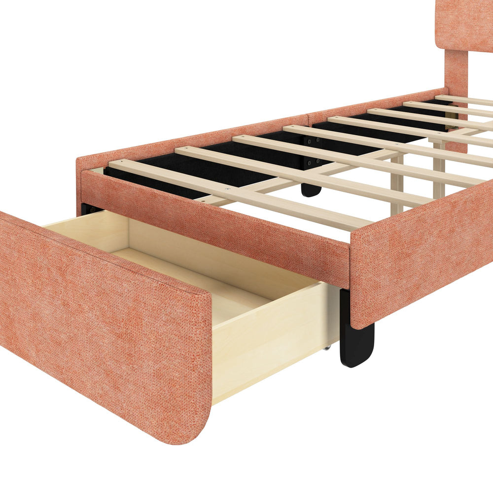 Wooden platform bed frame with orange upholstery and built-in storage drawer.