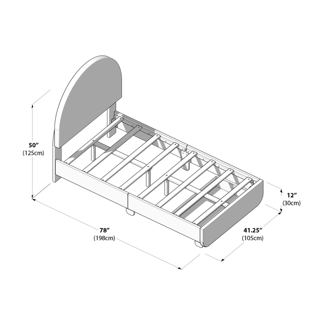 Single bed frame with dimensions: 50 inches high, 78 inches long, and 41.25 inches wide.