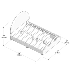 Illustration of a wooden bed frame with exact measurements in inches and centimeters, featuring a high headboard and slatted mattress support.