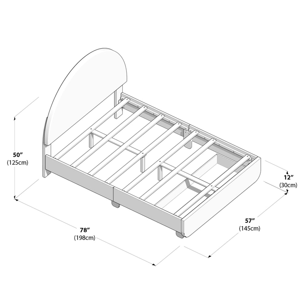 Wooden bed frame dimensions for queen size with slatted base, 50 inches high, 78 inches long, and 57 inches wide.