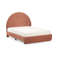 Dusty rose upholstered twin platform bed with rounded arch headboard and white mattress