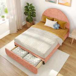 Velvet upholstered bed frame with built-in storage drawer, modern bedroom decor.