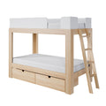 Light natural wood loft bed with white safety rail, angled ladder and under-bed storage drawers